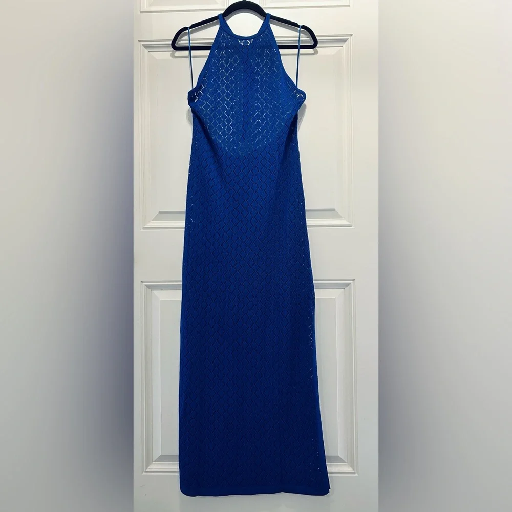 ANTHROPOLOGIE Sunday in Brooklyn • Blue Halter Crochet Cover-Up Midi Dress - Picture 3 of 8